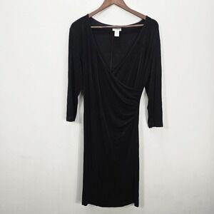 Chico's Travelers Midi Dress L 2 Black Faux Wrap Ruched 3/4 Sleeve Slinky‎